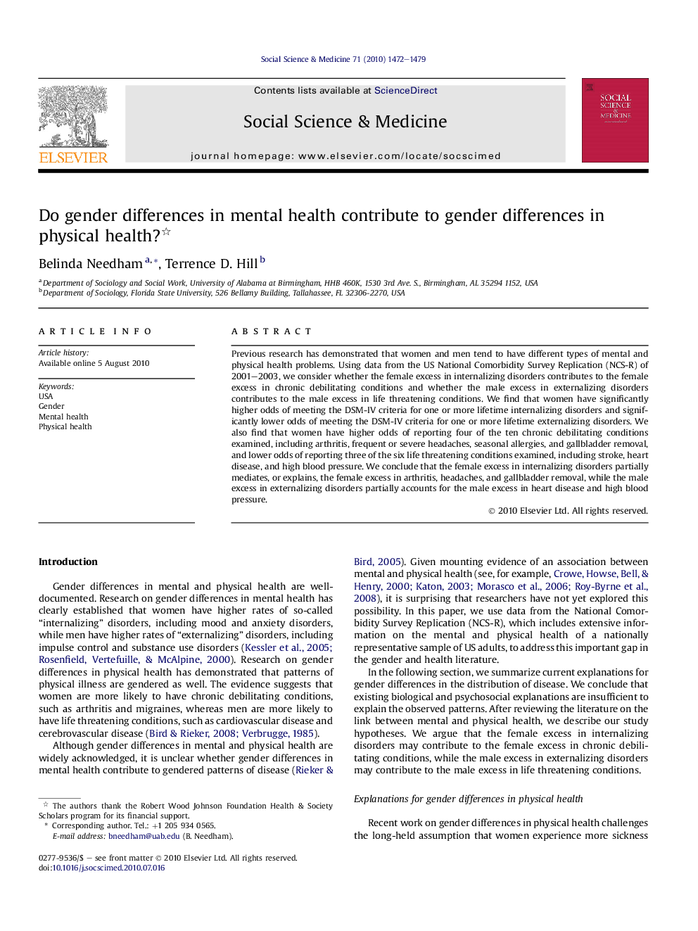 Do gender differences in mental health contribute to gender differences in physical health? 