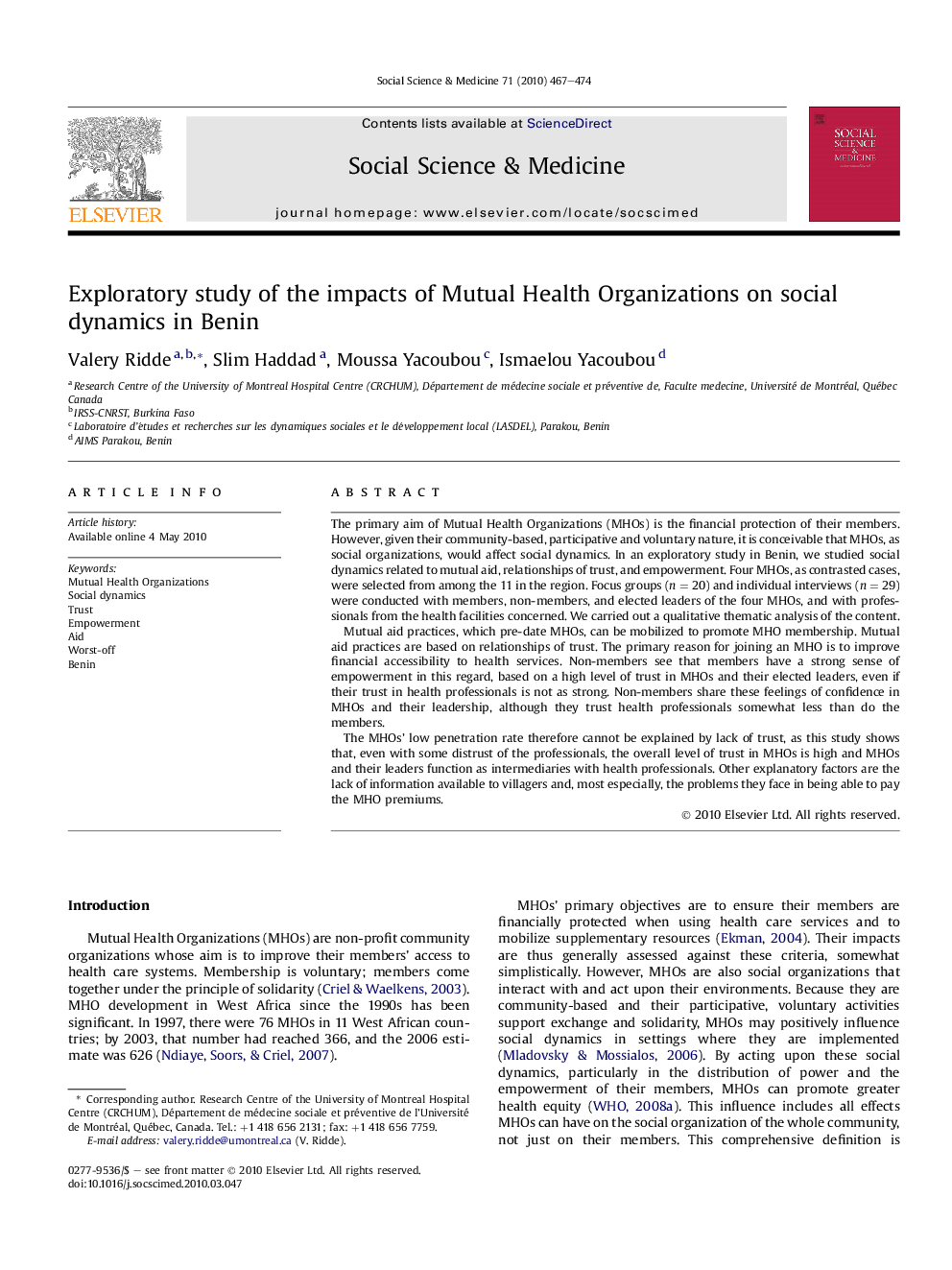 Exploratory study of the impacts of Mutual Health Organizations on social dynamics in Benin