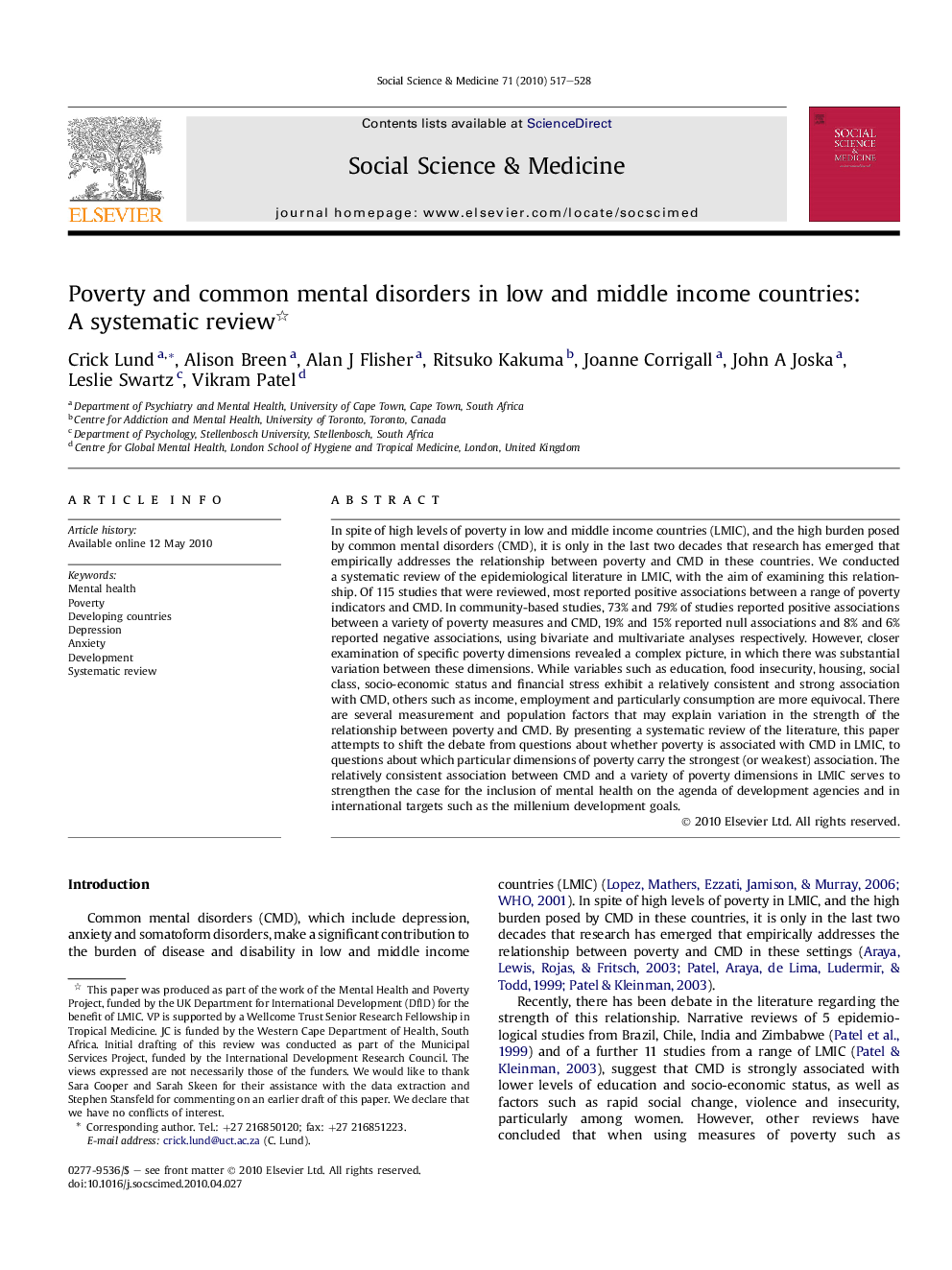 Poverty and common mental disorders in low and middle income countries: A systematic review 