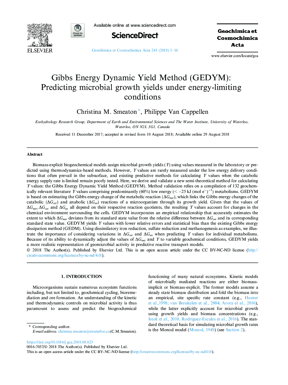 عکس صفحه اول مقاله: Gibbs Energy Dynamic Yield Method (GEDYM): Predicting microbial growth yields under energy-limiting conditions Gibbs Energy Dynamic Yield Method (GEDYM): Predicting microbial growth yields under energy-limiting conditions