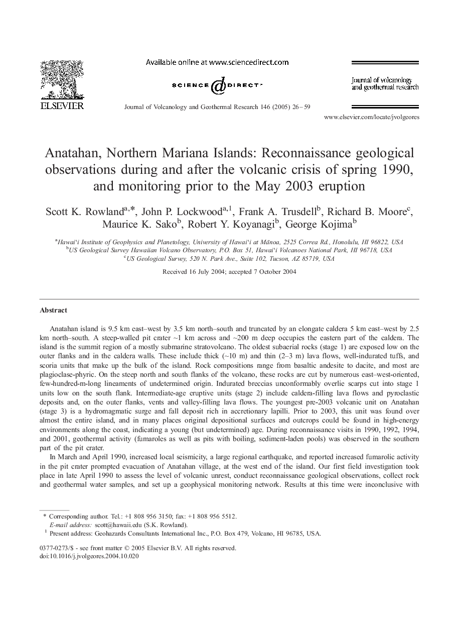 Anatahan, Northern Mariana Islands: Reconnaissance geological observations during and after the volcanic crisis of spring 1990, and monitoring prior to the May 2003 eruption