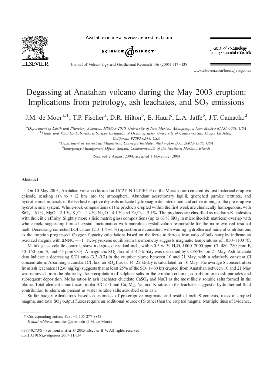 Degassing at Anatahan volcano during the May 2003 eruption: Implications from petrology, ash leachates, and SO2 emissions