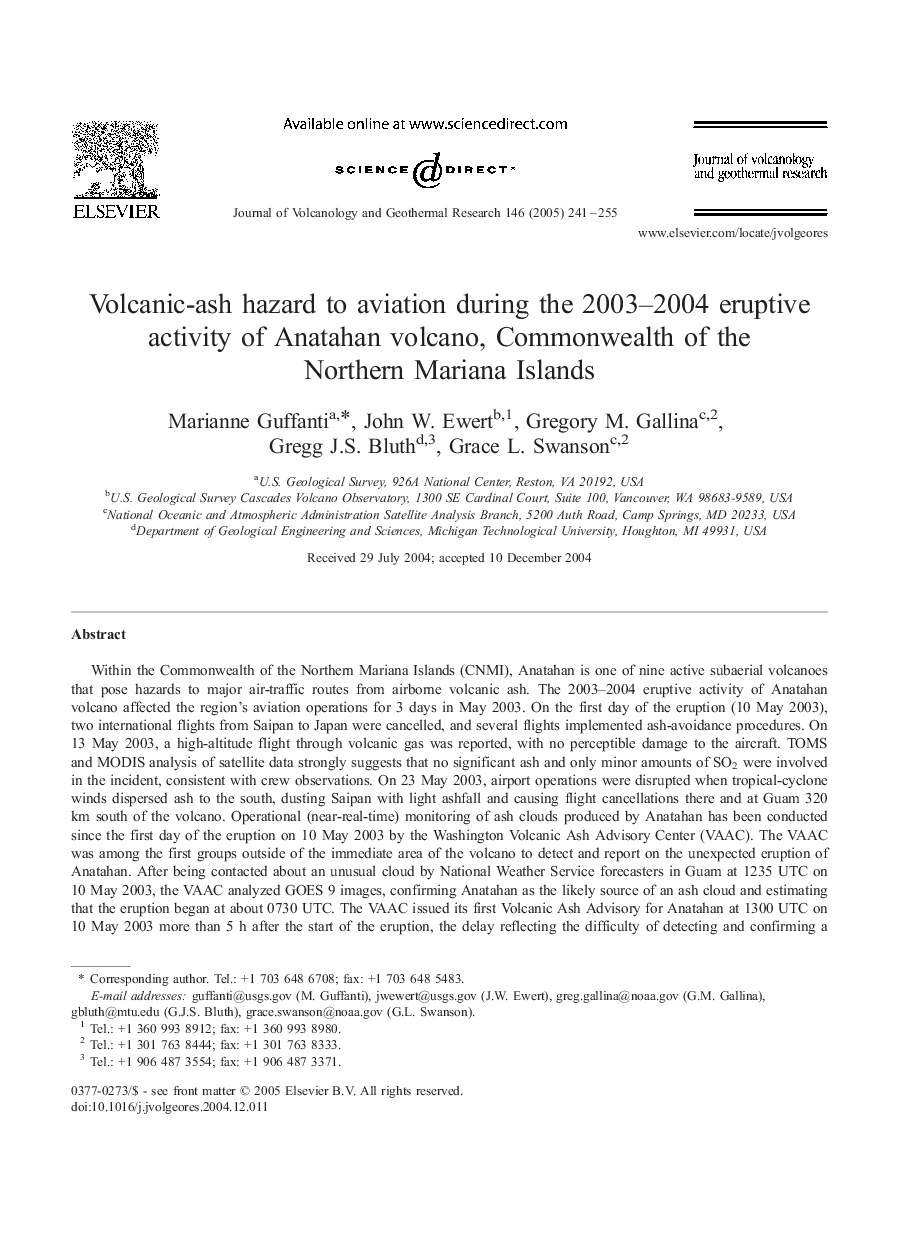 Volcanic-ash hazard to aviation during the 2003-2004 eruptive activity of Anatahan volcano, Commonwealth of the Northern Mariana Islands