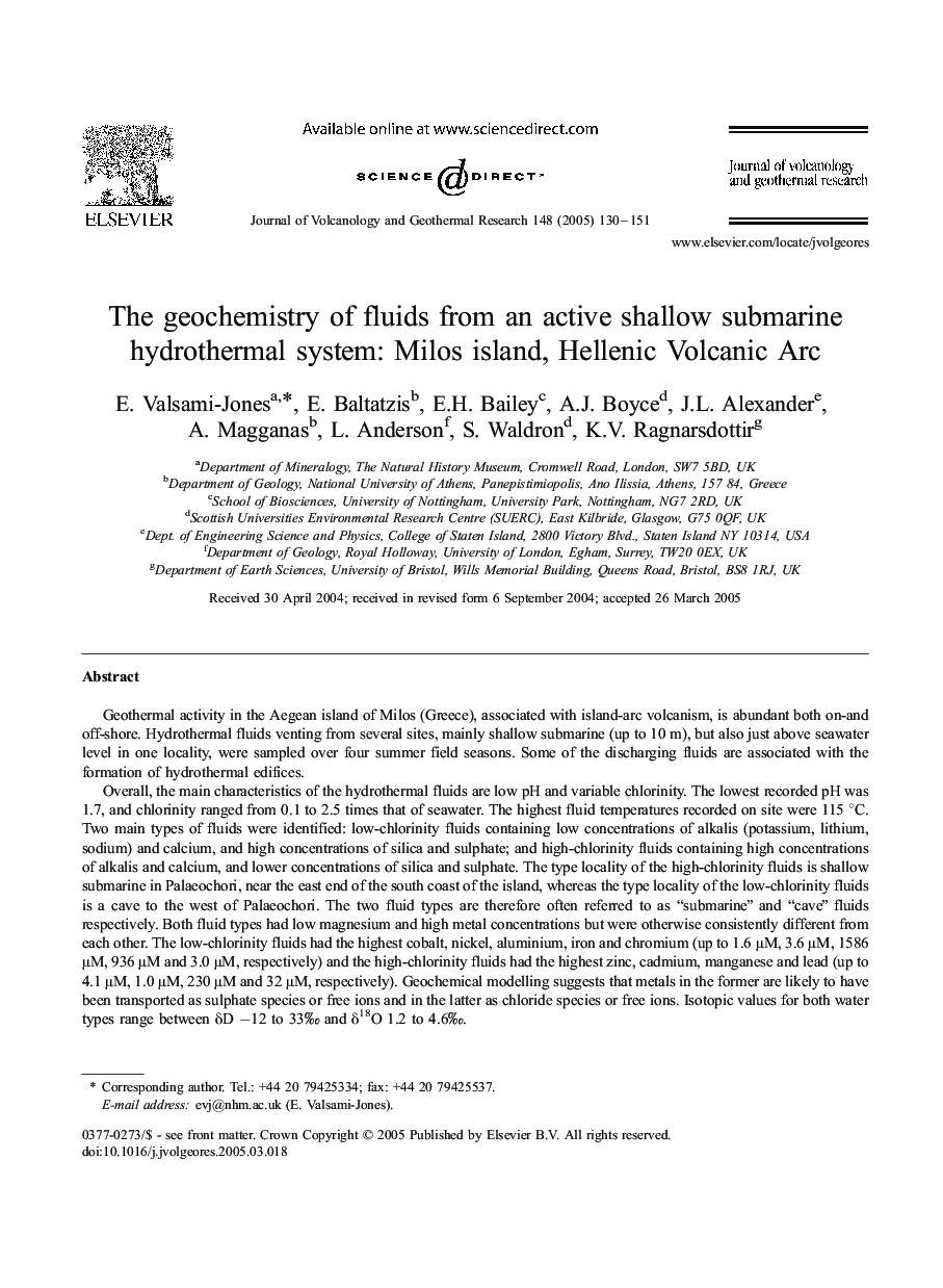 The geochemistry of fluids from an active shallow submarine hydrothermal system: Milos island, Hellenic Volcanic Arc