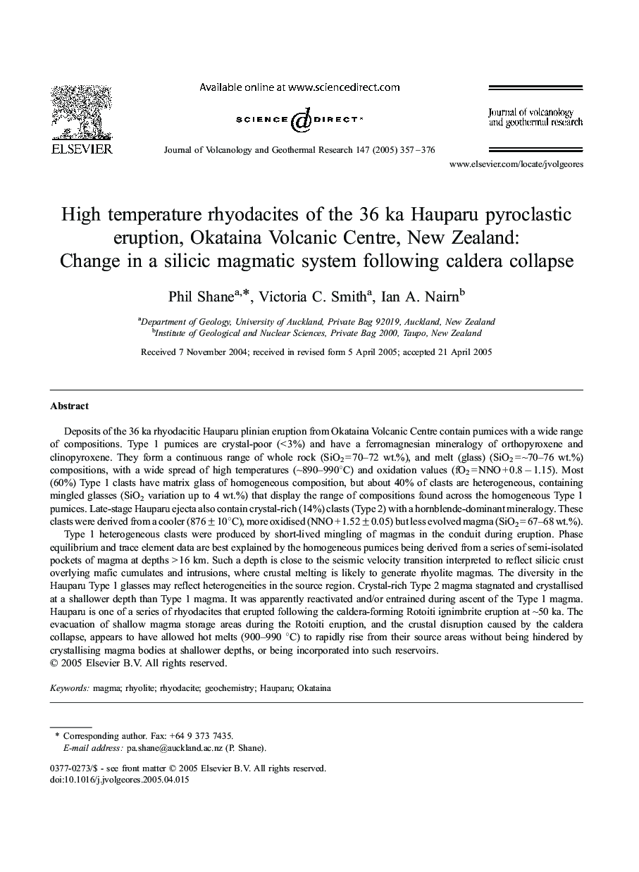 High temperature rhyodacites of the 36 ka Hauparu pyroclastic eruption, Okataina Volcanic Centre, New Zealand: Change in a silicic magmatic system following caldera collapse