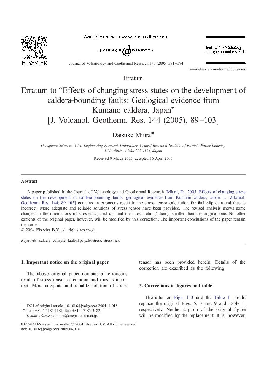 Erratum to “Effects of changing stress states on the development of caldera-bounding faults: Geological evidence from Kumano caldera, Japan” [J. Volcanol. Geotherm. Res. 144 (2005), 89-103]