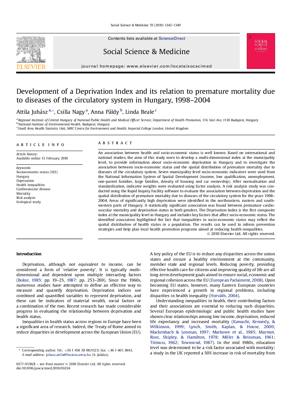 Development of a Deprivation Index and its relation to premature mortality due to diseases of the circulatory system in Hungary, 1998-2004