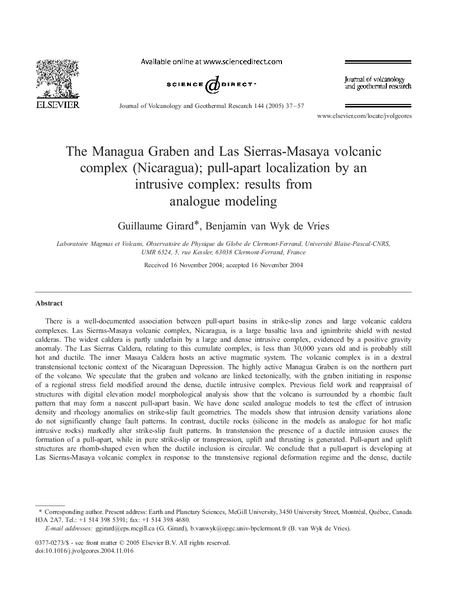 The Managua Graben and Las Sierras-Masaya volcanic complex (Nicaragua); pull-apart localization by an intrusive complex: results from analogue modeling