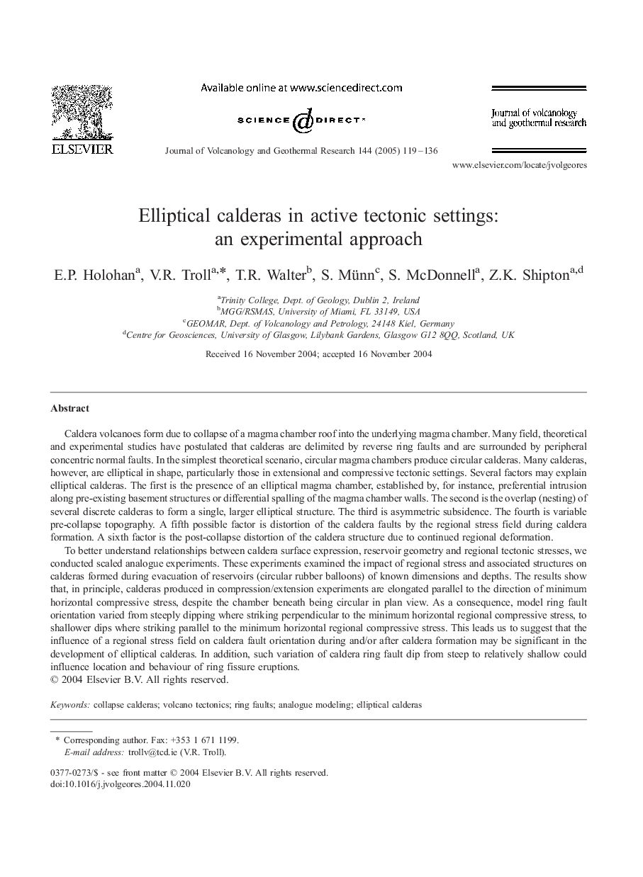 Elliptical calderas in active tectonic settings: an experimental approach