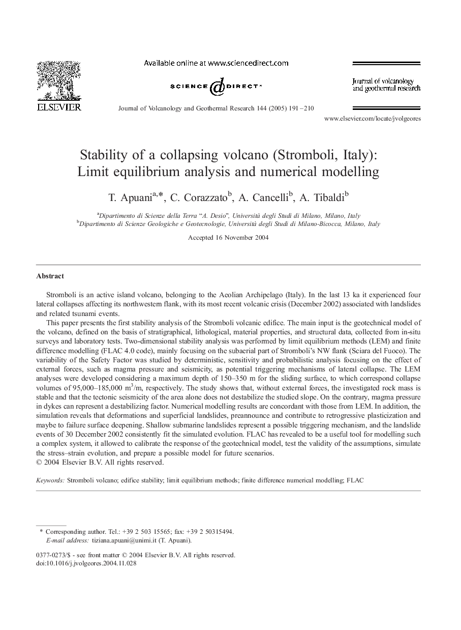 Stability of a collapsing volcano (Stromboli, Italy): Limit equilibrium analysis and numerical modelling