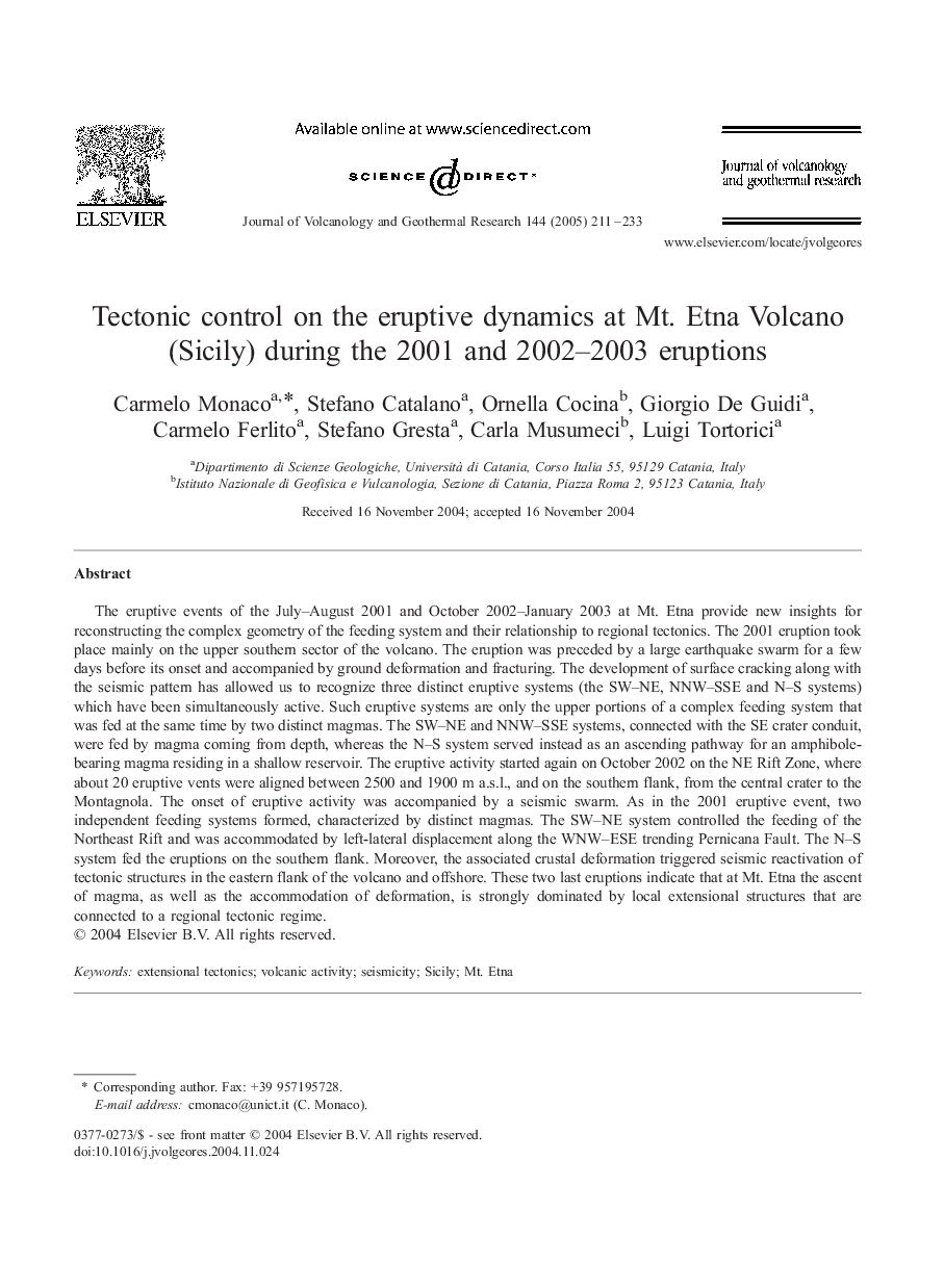 Tectonic control on the eruptive dynamics at Mt. Etna Volcano (Sicily) during the 2001 and 2002-2003 eruptions