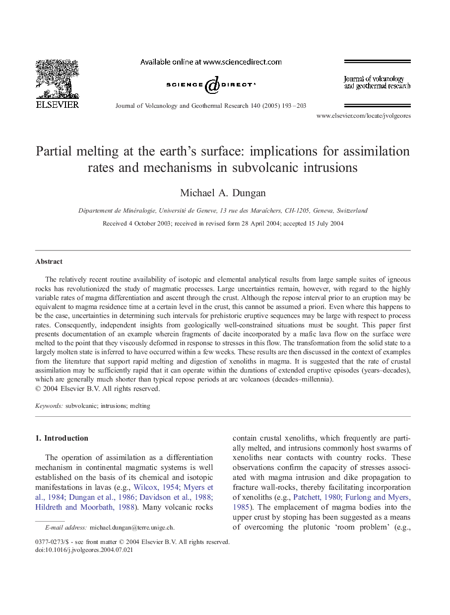 Partial melting at the earth's surface: implications for assimilation rates and mechanisms in subvolcanic intrusions