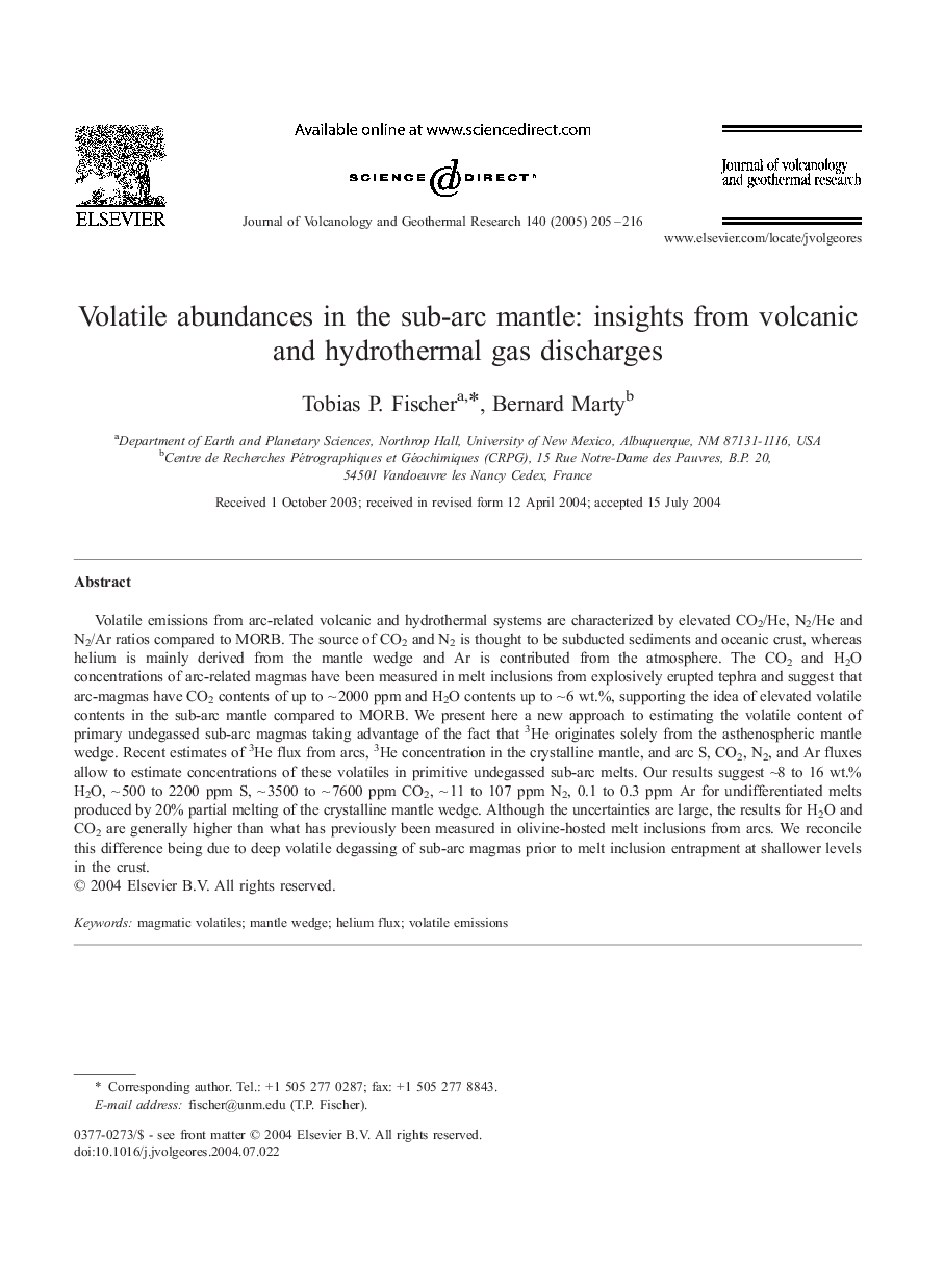 Volatile abundances in the sub-arc mantle: insights from volcanic and hydrothermal gas discharges