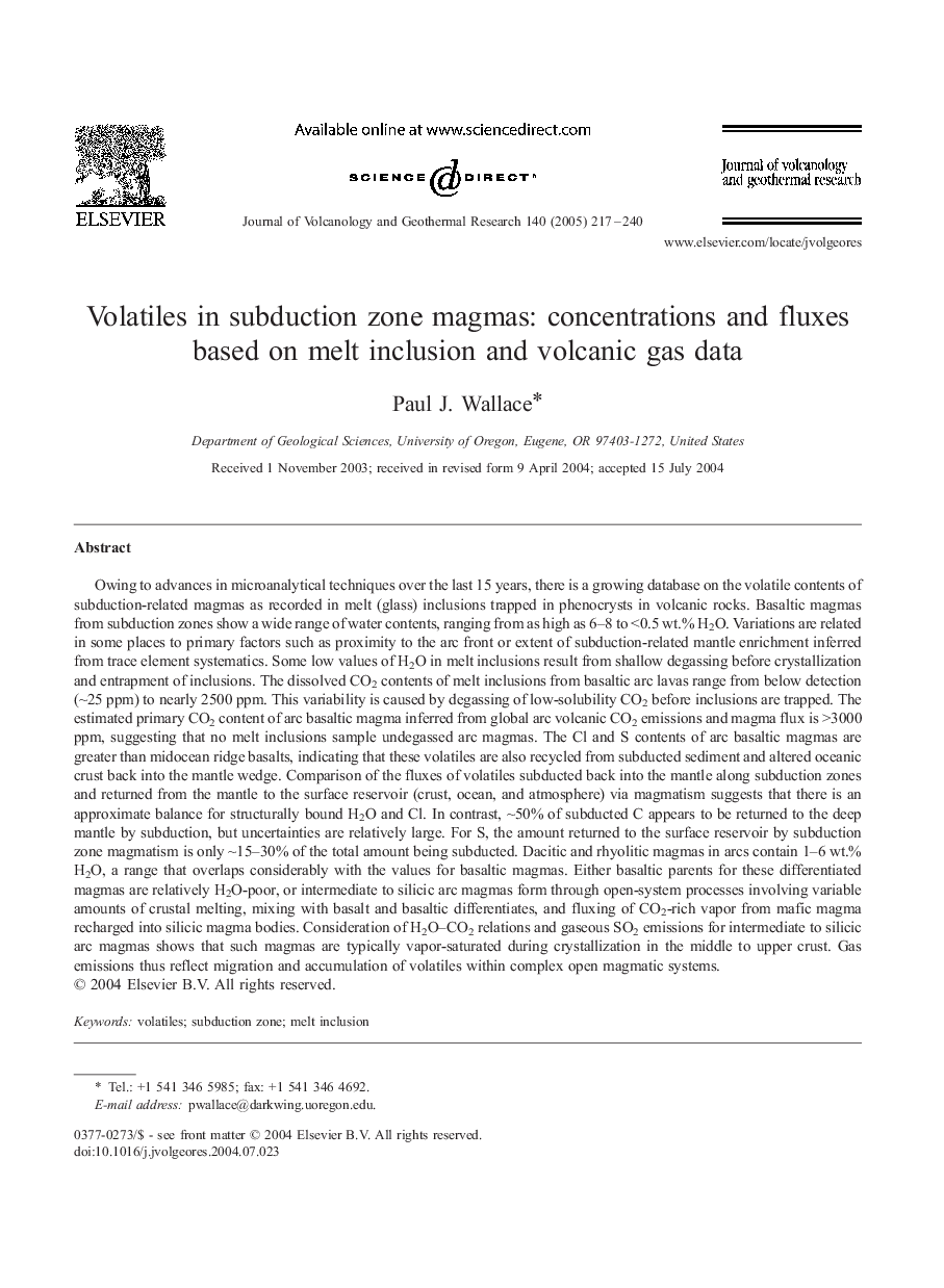 Volatiles in subduction zone magmas: concentrations and fluxes based on melt inclusion and volcanic gas data