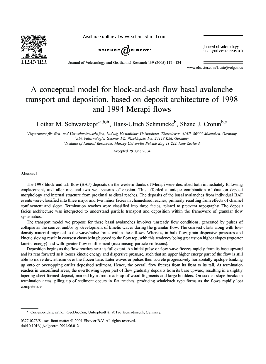 A conceptual model for block-and-ash flow basal avalanche transport and deposition, based on deposit architecture of 1998 and 1994 Merapi flows