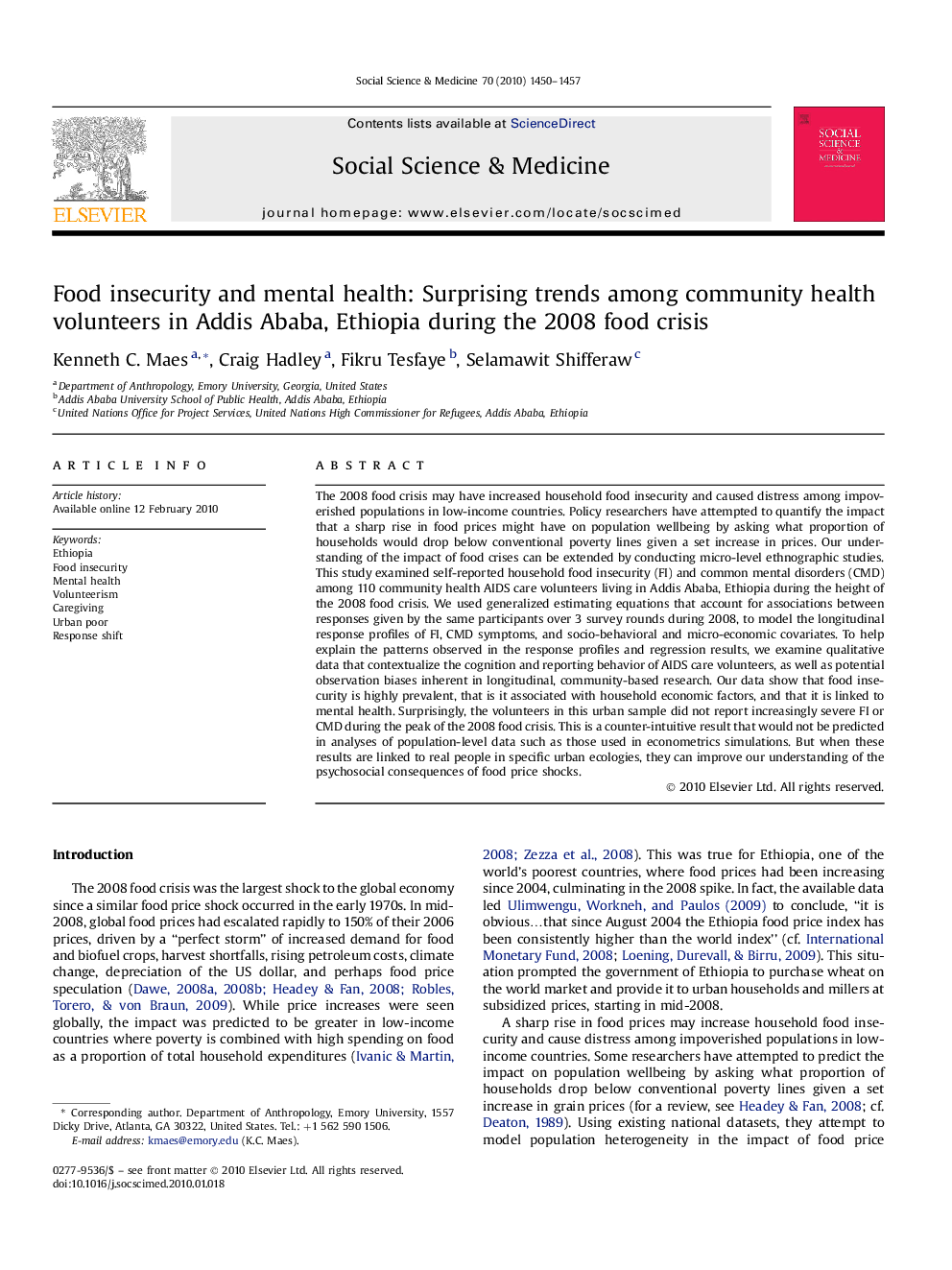 Food insecurity and mental health: Surprising trends among community health volunteers in Addis Ababa, Ethiopia during the 2008 food crisis