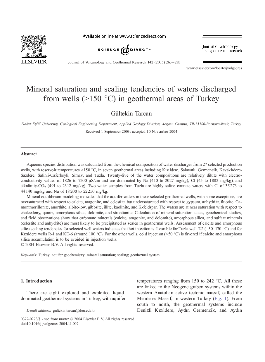 Mineral saturation and scaling tendencies of waters discharged from wells (>150 ÅC) in geothermal areas of Turkey