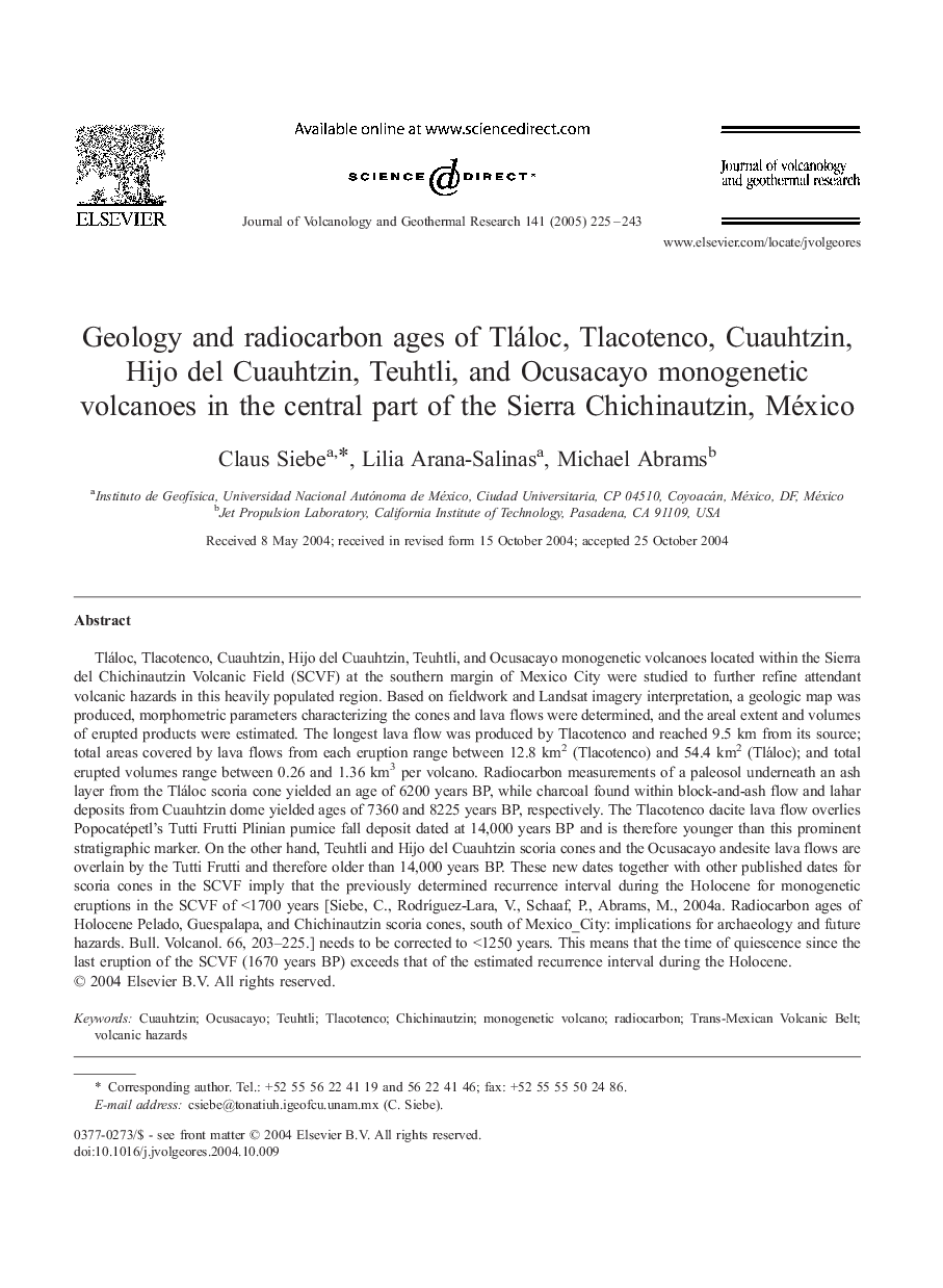 Geology and radiocarbon ages of Tláloc, Tlacotenco, Cuauhtzin, Hijo del Cuauhtzin, Teuhtli, and Ocusacayo monogenetic volcanoes in the central part of the Sierra Chichinautzin, México