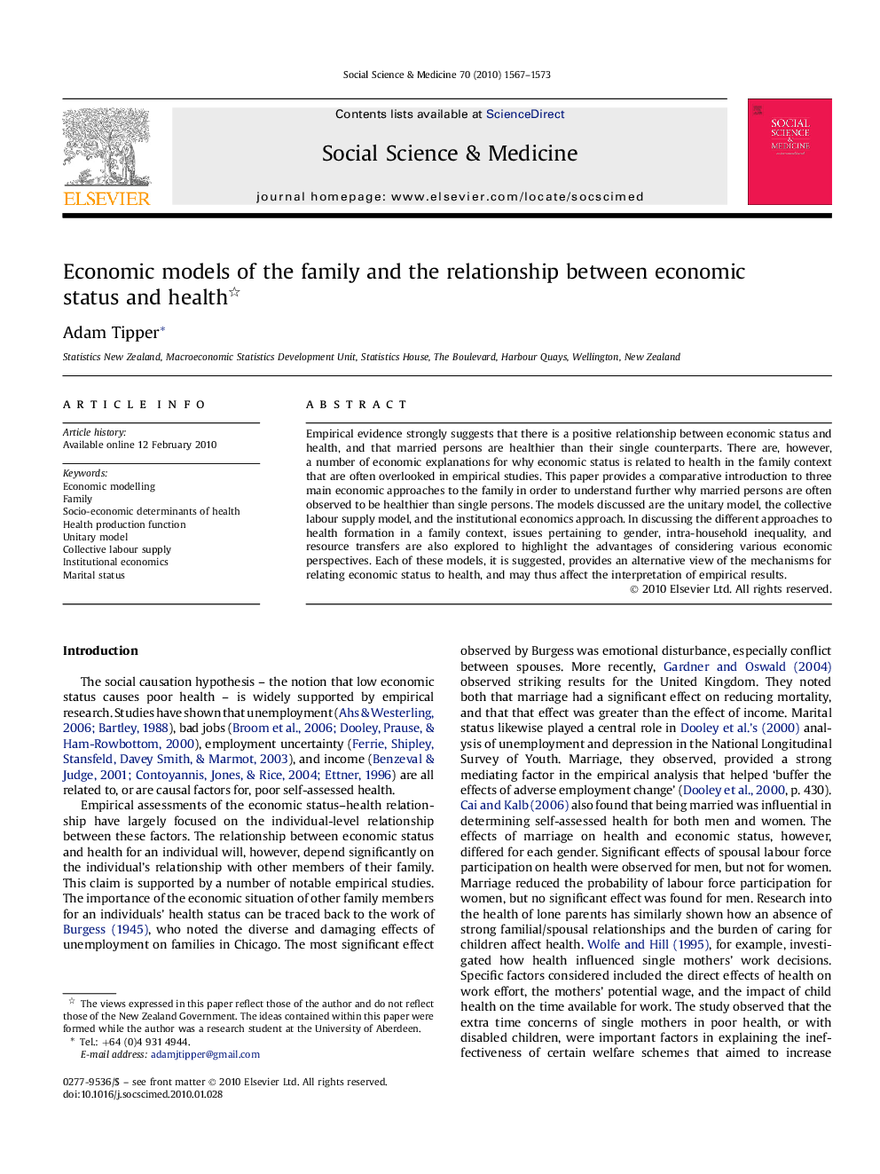 Economic models of the family and the relationship between economic status and health 