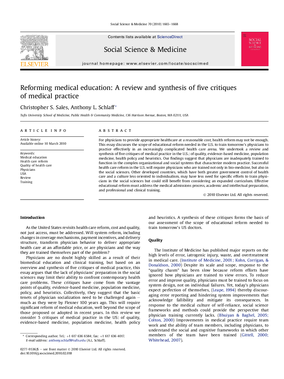 Reforming medical education: A review and synthesis of five critiques of medical practice