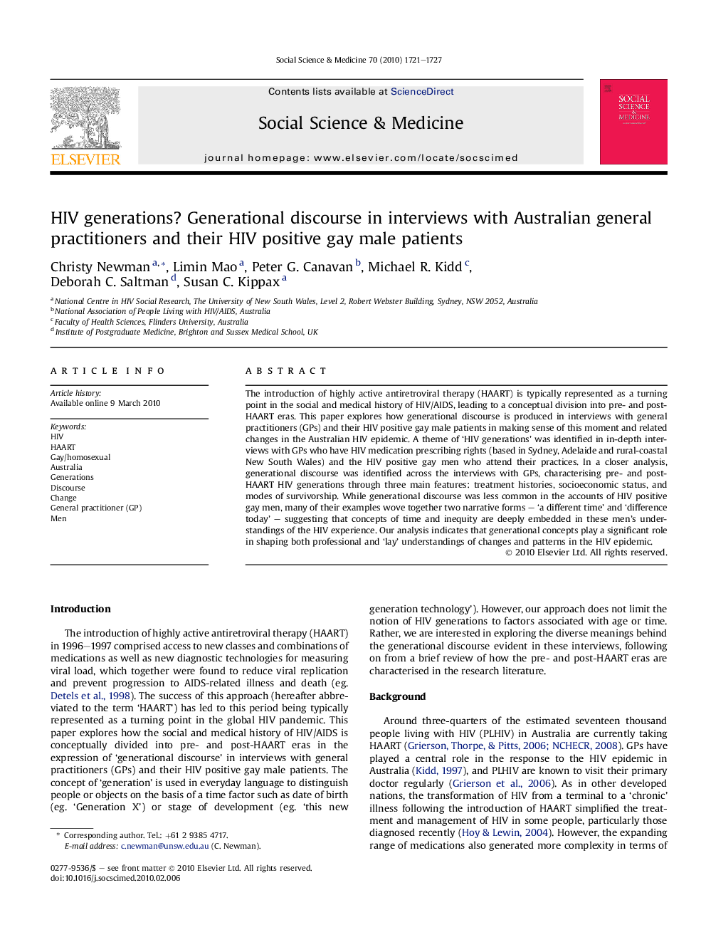 عکس صفحه اول مقاله: HIV generations? Generational discourse in interviews with Australian general practitioners and their HIV positive gay male patients HIV generations? Generational discourse in interviews with Australian general practitioners and their HIV positive gay male patients