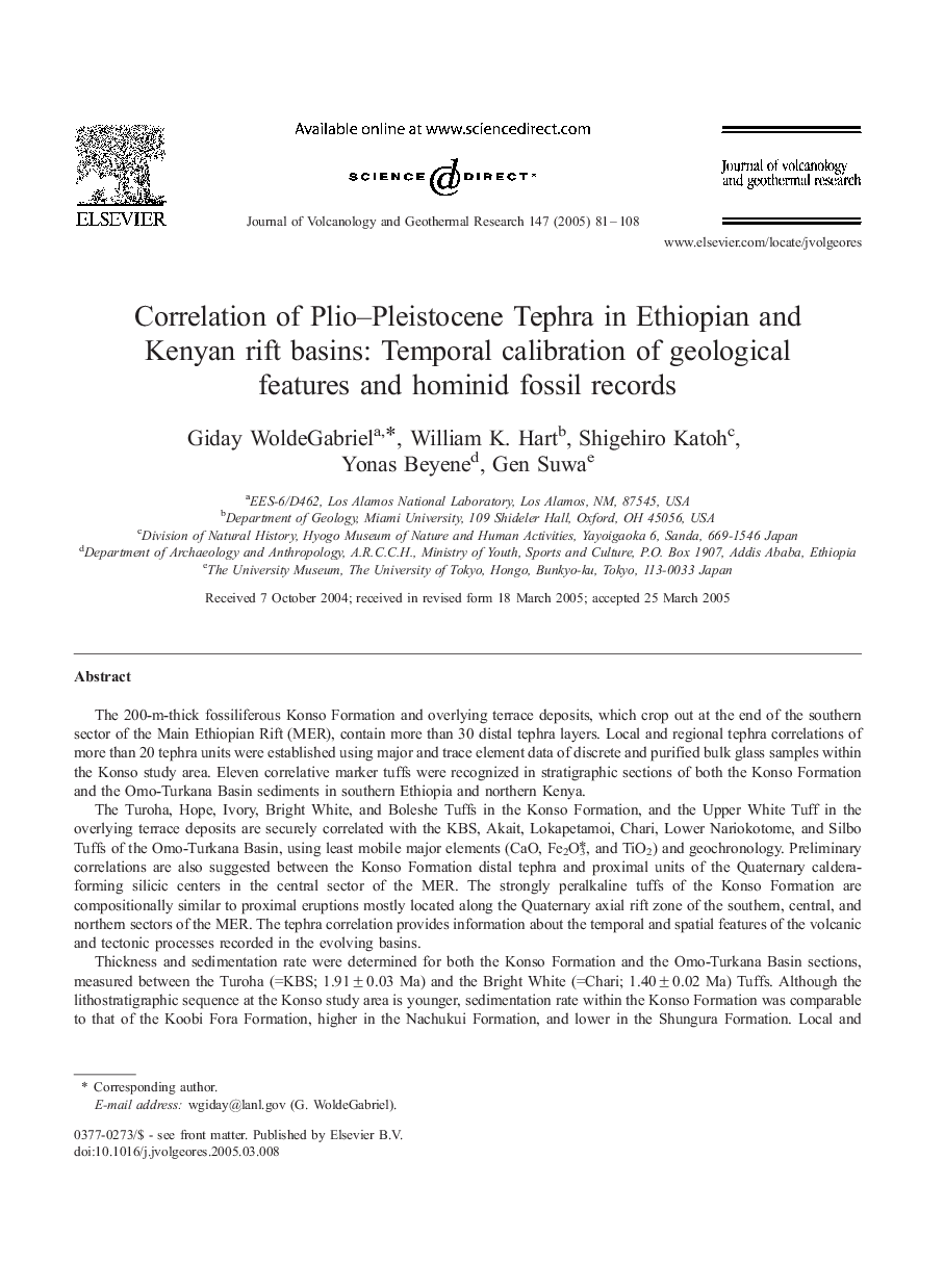 Correlation of Plio-Pleistocene Tephra in Ethiopian and Kenyan rift basins: Temporal calibration of geological features and hominid fossil records