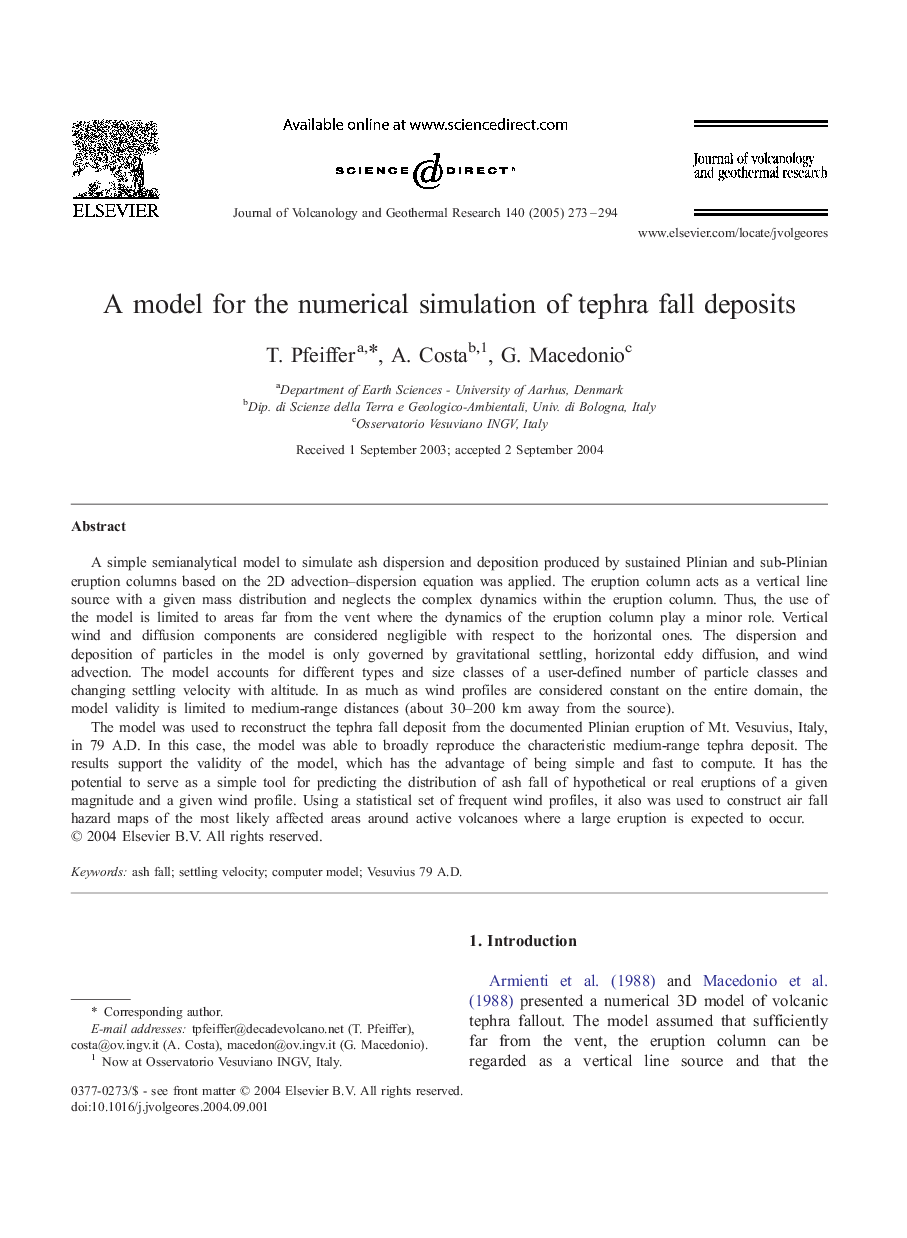 A model for the numerical simulation of tephra fall deposits