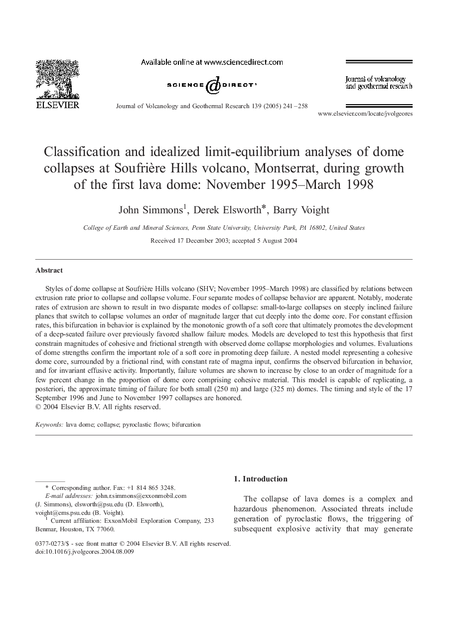 Classification and idealized limit-equilibrium analyses of dome collapses at SoufriÃ¨re Hills volcano, Montserrat, during growth of the first lava dome: November 1995-March 1998
