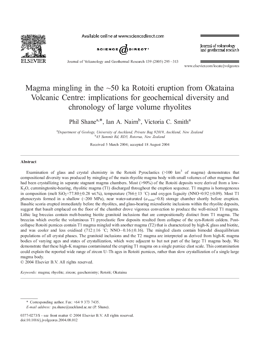 Magma mingling in the â¼50 ka Rotoiti eruption from Okataina Volcanic Centre: implications for geochemical diversity and chronology of large volume rhyolites