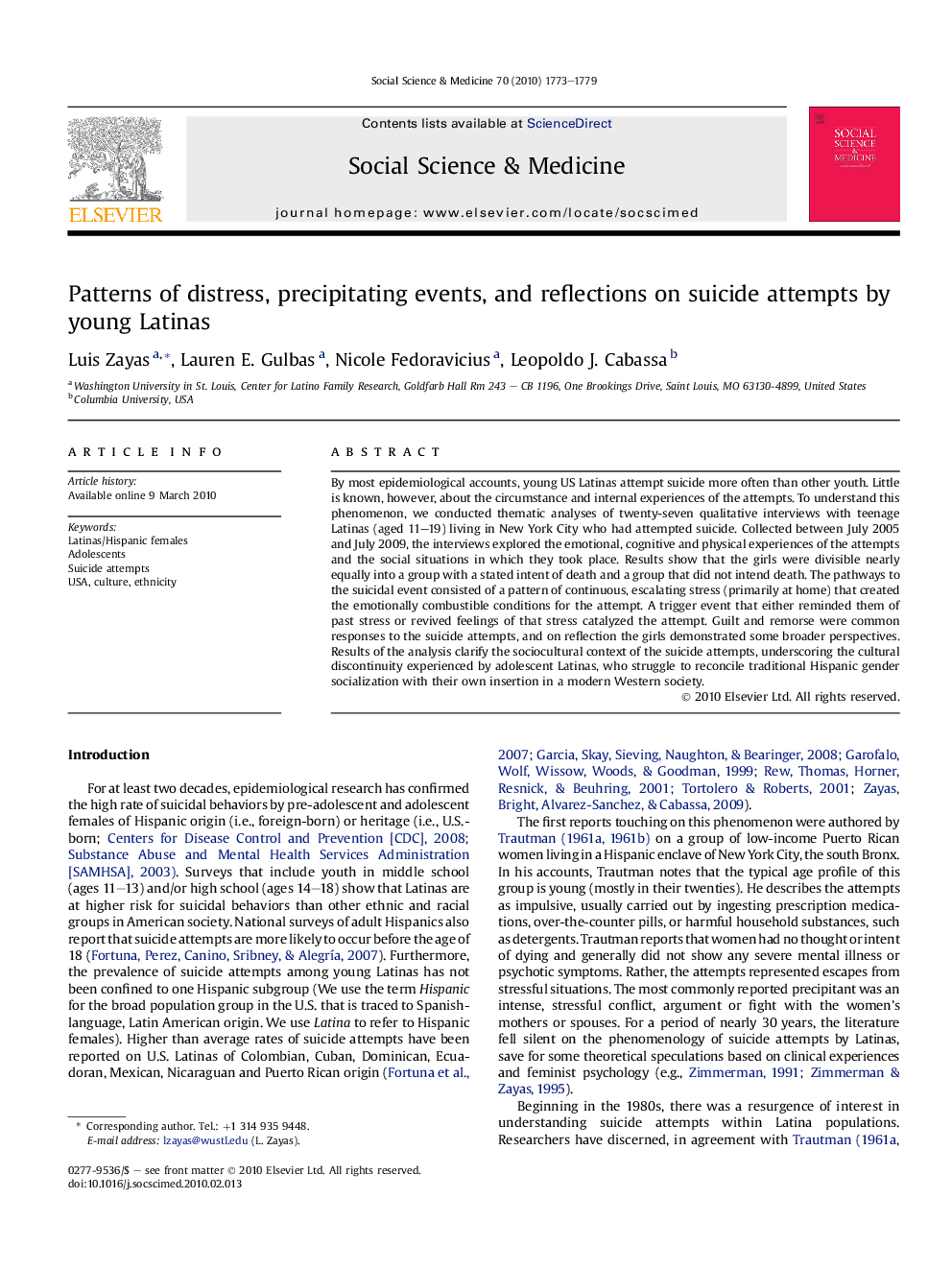 Patterns of distress, precipitating events, and reflections on suicide attempts by young Latinas