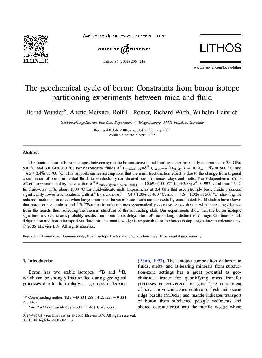 عکس صفحه اول مقاله: The geochemical cycle of boron: Constraints from boron isotope partitioning experiments between mica and fluid The geochemical cycle of boron: Constraints from boron isotope partitioning experiments between mica and fluid