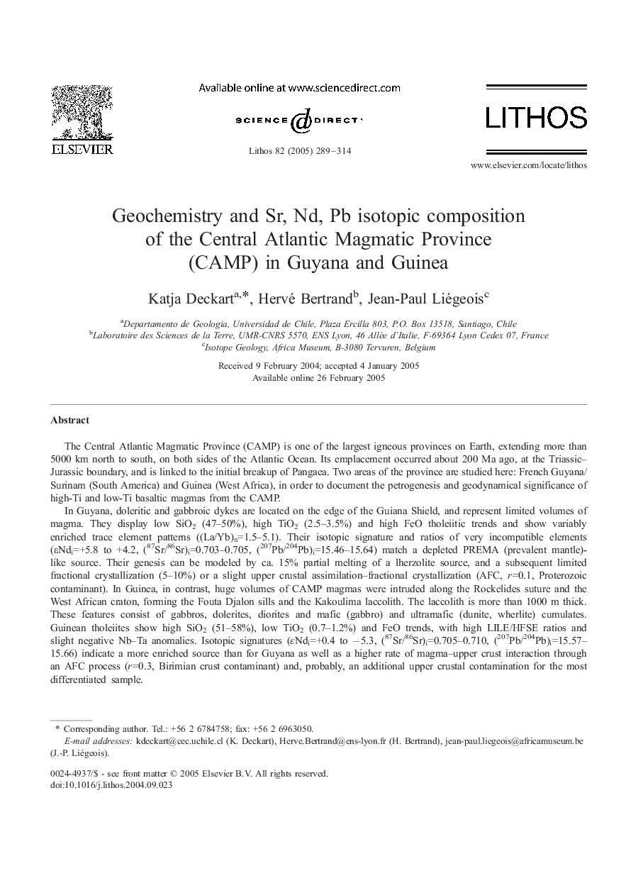 Geochemistry and Sr, Nd, Pb isotopic composition of the Central Atlantic Magmatic Province (CAMP) in Guyana and Guinea