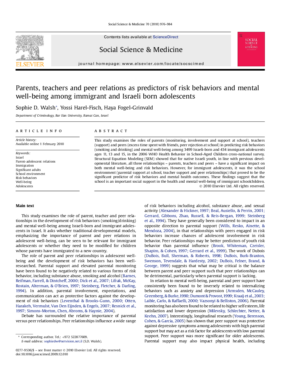 Parents, teachers and peer relations as predictors of risk behaviors and mental well-being among immigrant and Israeli born adolescents