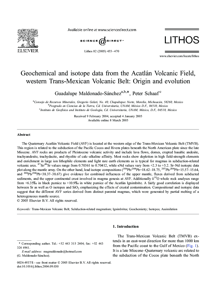 Geochemical and isotope data from the Acatlán Volcanic Field, western Trans-Mexican Volcanic Belt: Origin and evolution