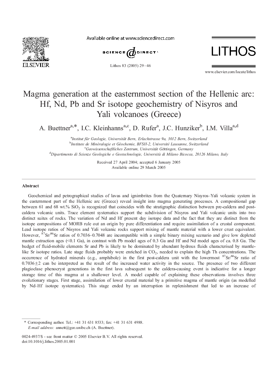 Magma generation at the easternmost section of the Hellenic arc: Hf, Nd, Pb and Sr isotope geochemistry of Nisyros and Yali volcanoes (Greece)