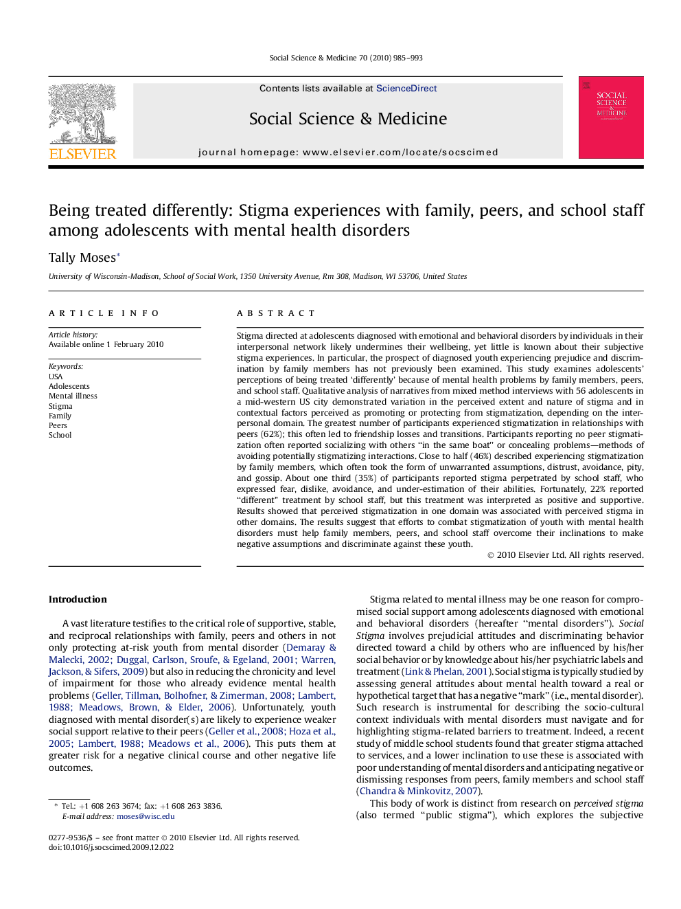 Being treated differently: Stigma experiences with family, peers, and school staff among adolescents with mental health disorders