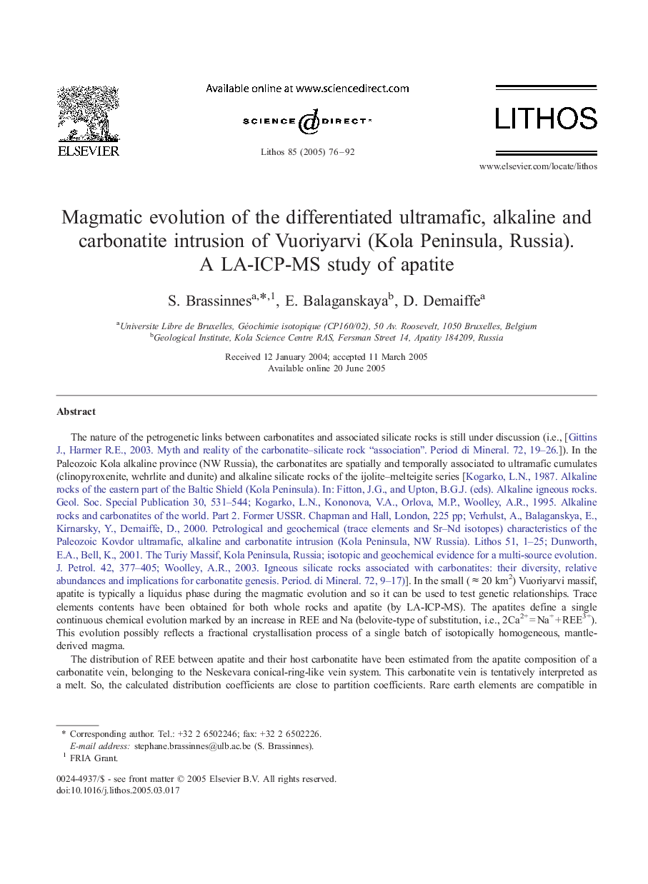 Magmatic evolution of the differentiated ultramafic, alkaline and carbonatite intrusion of Vuoriyarvi (Kola Peninsula, Russia). A LA-ICP-MS study of apatite