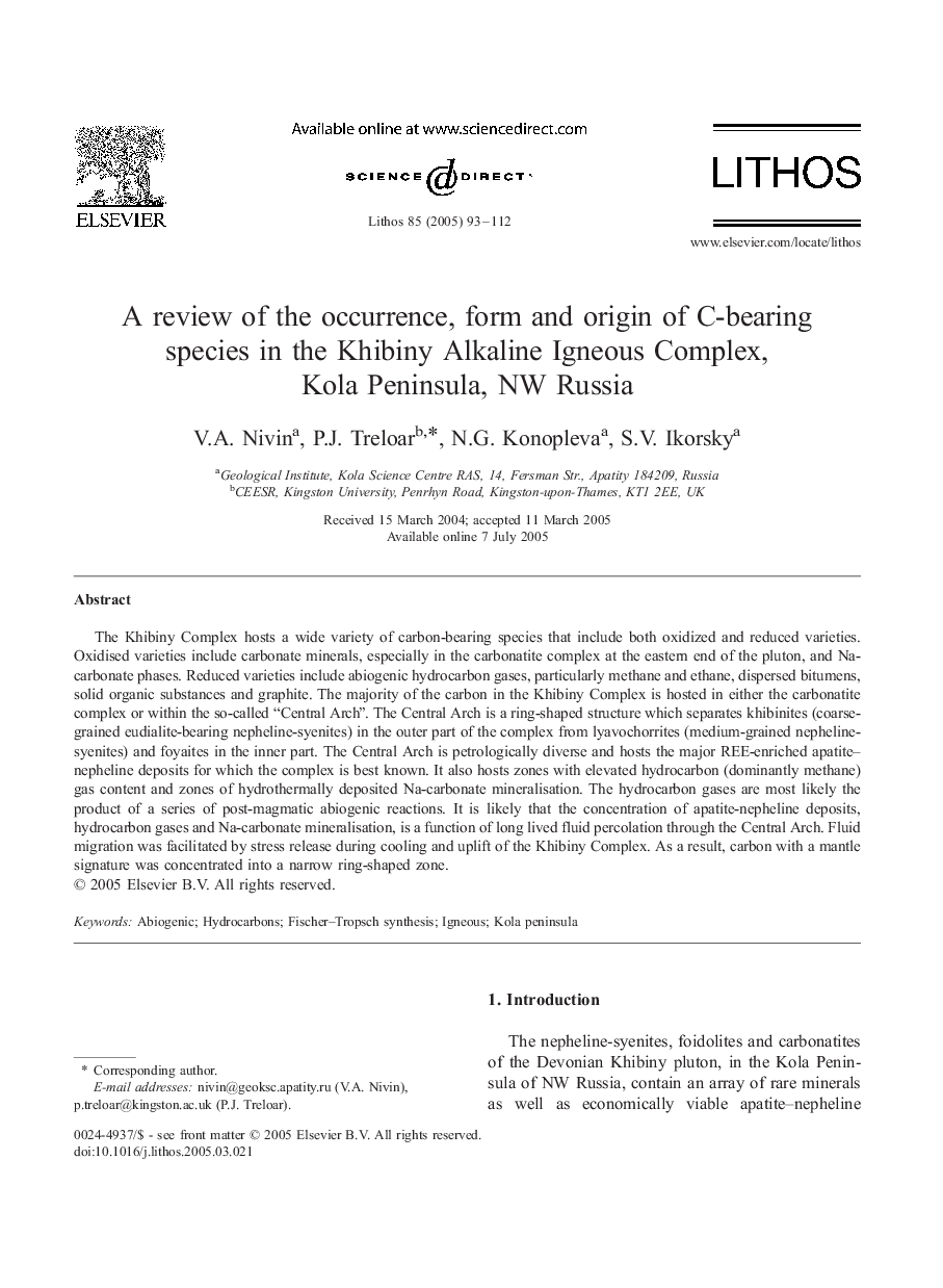 A review of the occurrence, form and origin of C-bearing species in the Khibiny Alkaline Igneous Complex, Kola Peninsula, NW Russia