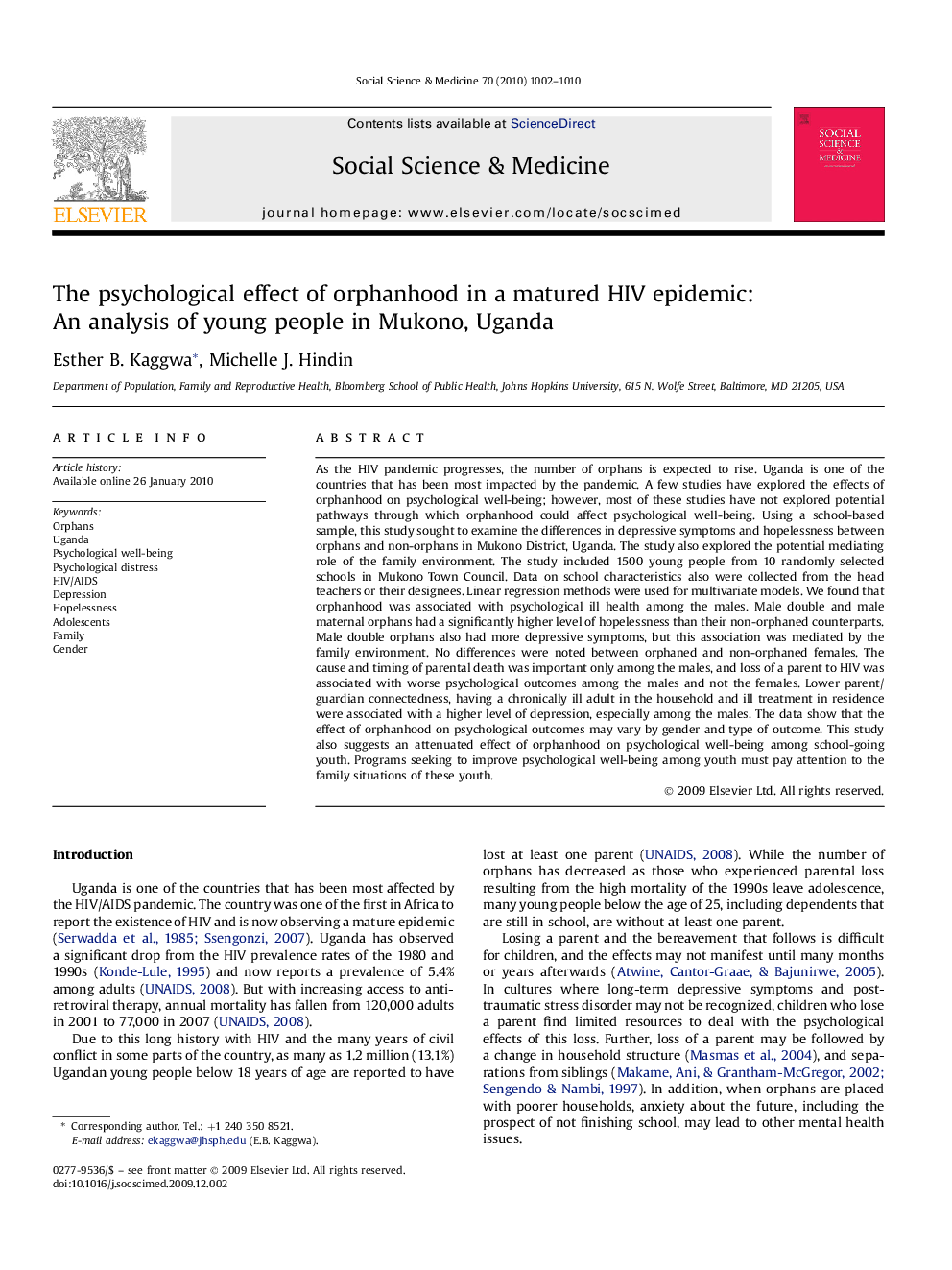 The psychological effect of orphanhood in a matured HIV epidemic: An analysis of young people in Mukono, Uganda