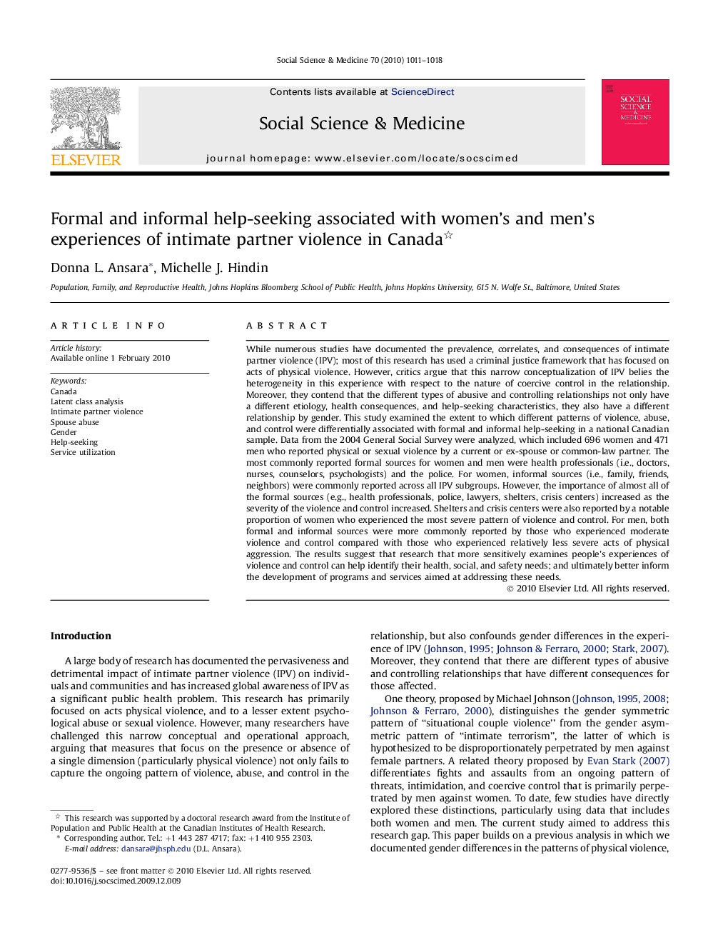 Formal and informal help-seeking associated with women's and men's experiences of intimate partner violence in Canada 