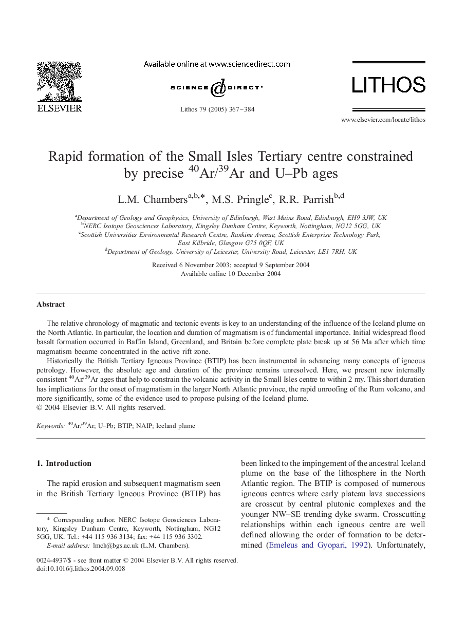 Rapid formation of the Small Isles Tertiary centre constrained by precise 40Ar/39Ar and U-Pb ages