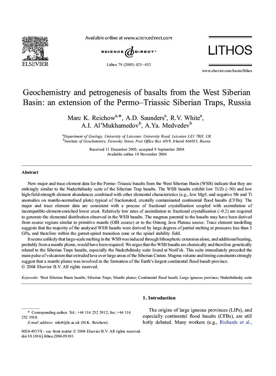 Geochemistry and petrogenesis of basalts from the West Siberian Basin: an extension of the Permo-Triassic Siberian Traps, Russia