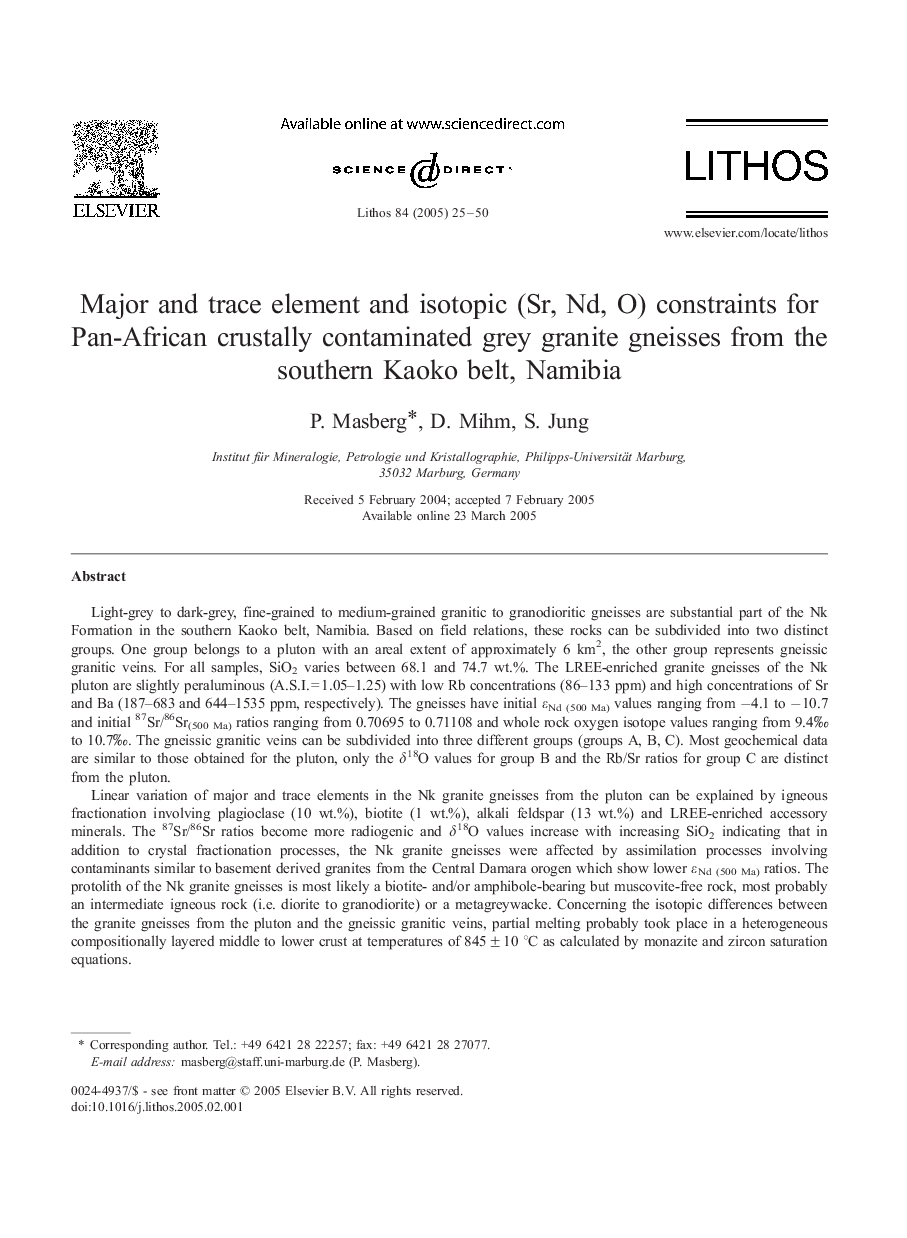 Major and trace element and isotopic (Sr, Nd, O) constraints for Pan-African crustally contaminated grey granite gneisses from the southern Kaoko belt, Namibia