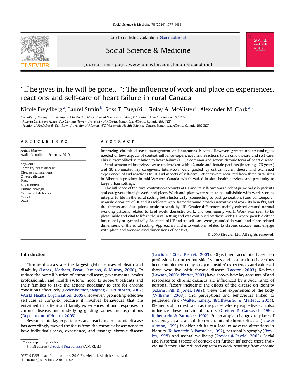 “If he gives in, he will be gone…”: The influence of work and place on experiences, reactions and self-care of heart failure in rural Canada