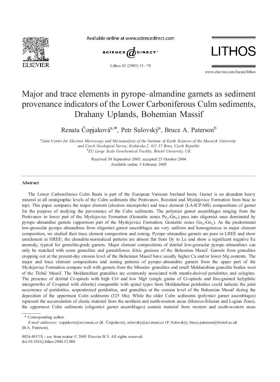 Major and trace elements in pyrope-almandine garnets as sediment provenance indicators of the Lower Carboniferous Culm sediments, Drahany Uplands, Bohemian Massif