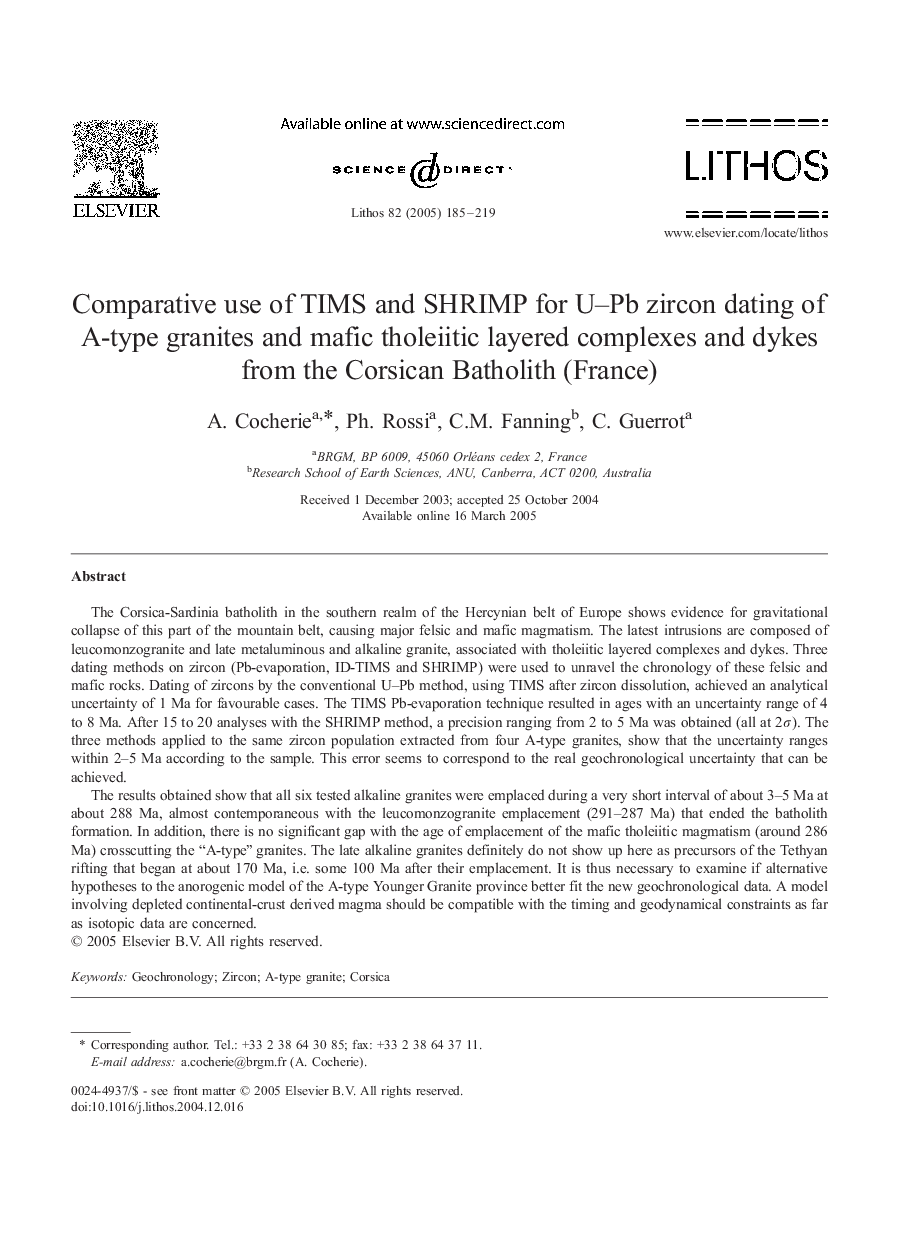 Comparative use of TIMS and SHRIMP for U-Pb zircon dating of A-type granites and mafic tholeiitic layered complexes and dykes from the Corsican Batholith (France)