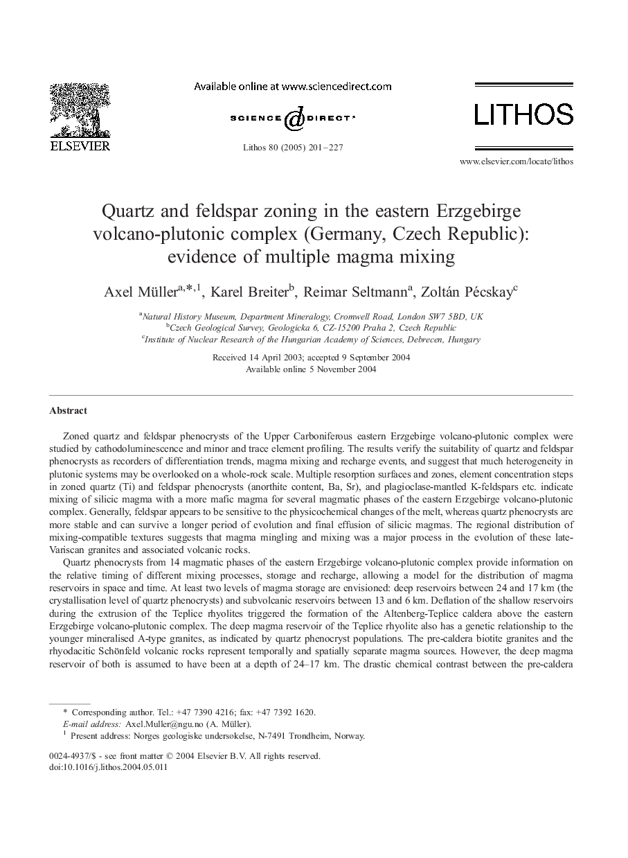 Quartz and feldspar zoning in the eastern Erzgebirge volcano-plutonic complex (Germany, Czech Republic): evidence of multiple magma mixing