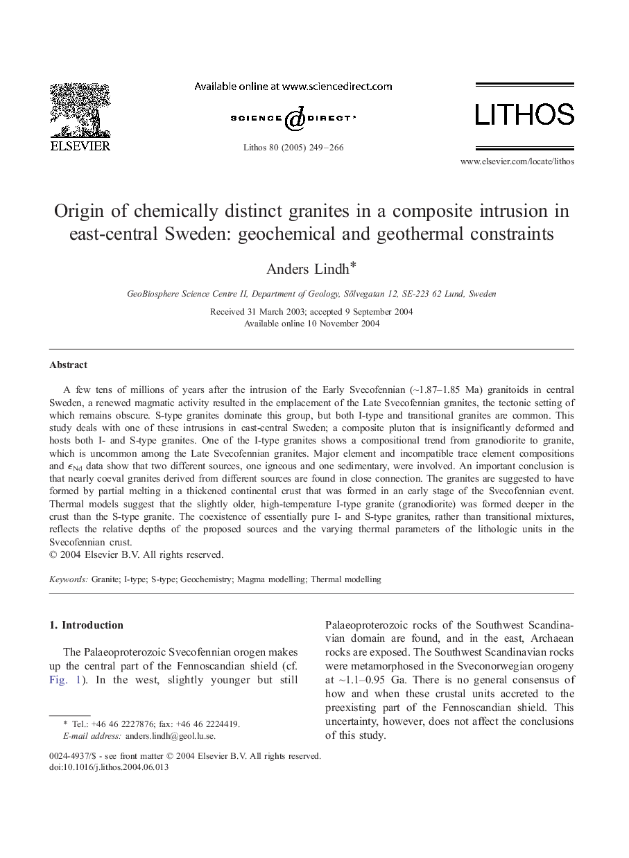 Origin of chemically distinct granites in a composite intrusion in east-central Sweden: geochemical and geothermal constraints