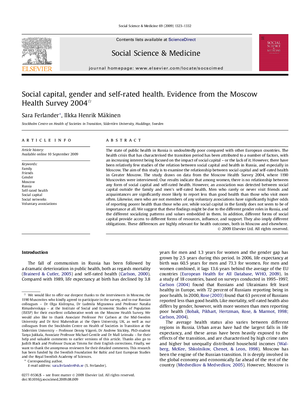 Social capital, gender and self-rated health. Evidence from the Moscow Health Survey 2004 