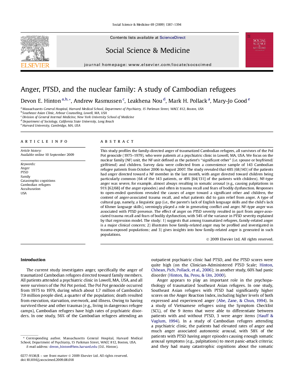 Anger, PTSD, and the nuclear family: A study of Cambodian refugees